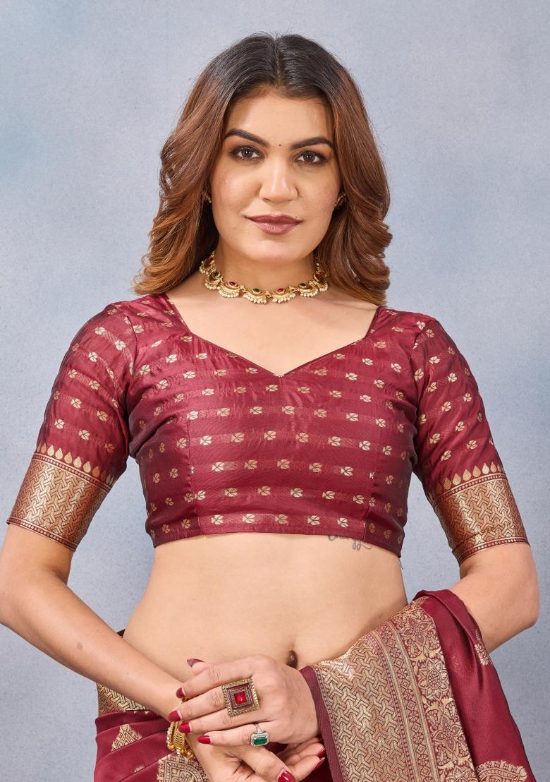 Maroon Printed Pashmina Saree Set - Indya