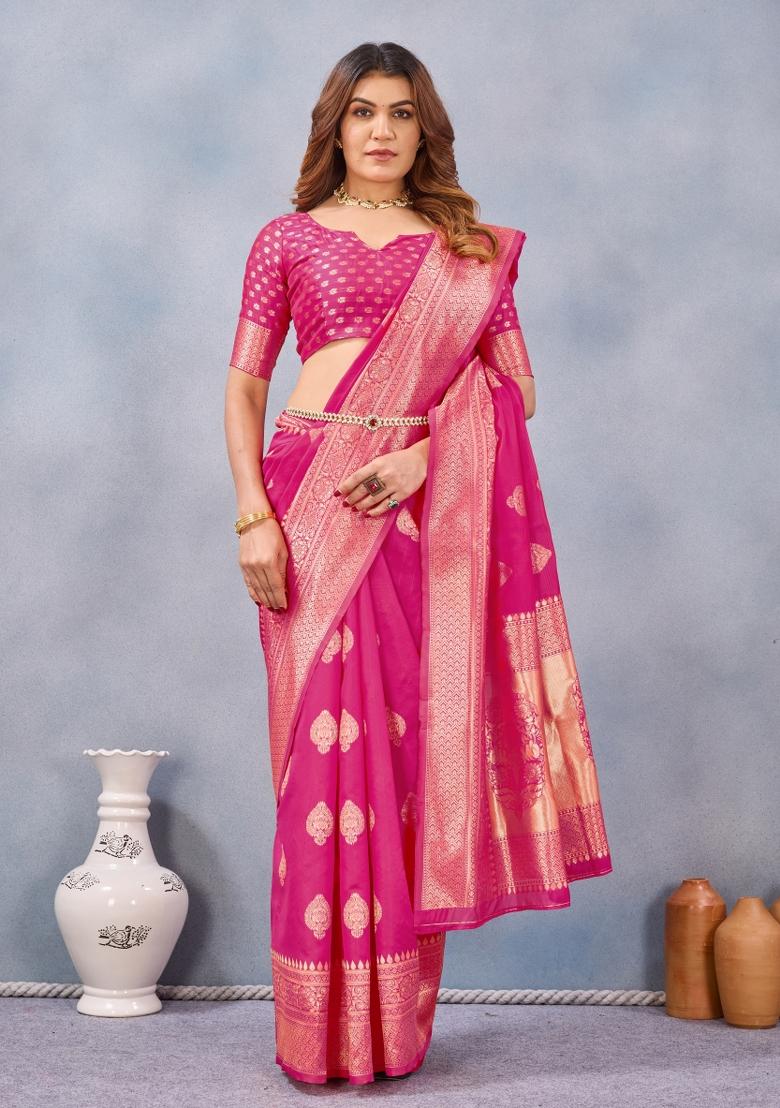 Pink Printed Pashmina Saree Set - Indya