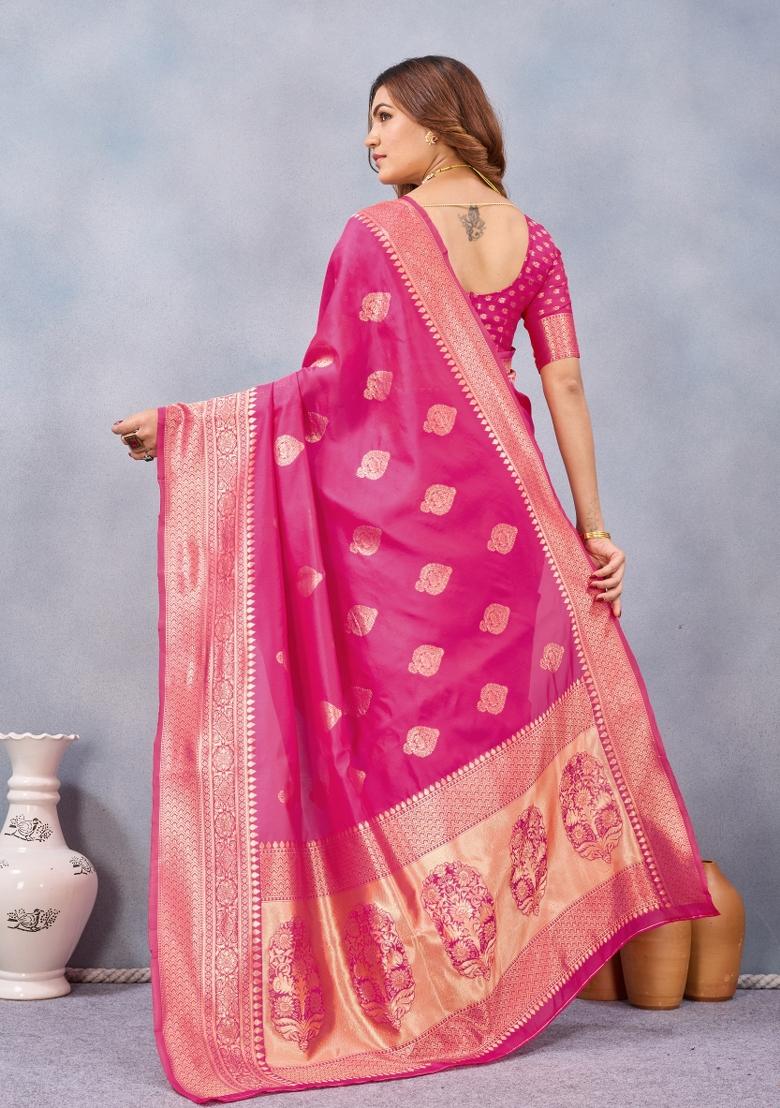 Pink Printed Pashmina Saree Set - Indya