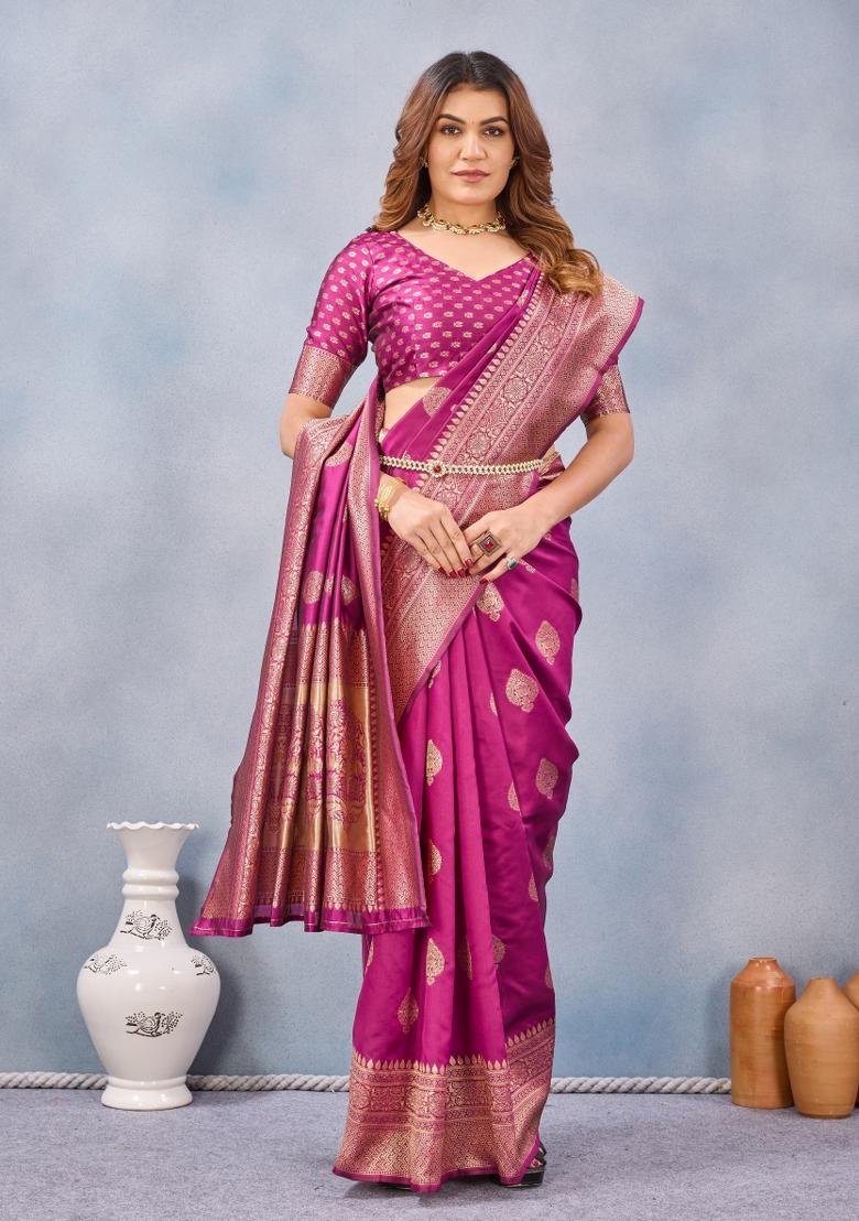 Wine Printed Pashmina Saree Set - Indya