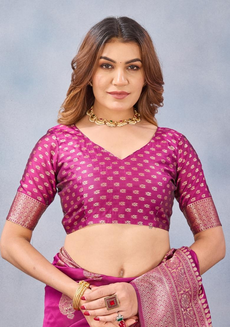 Wine Printed Pashmina Saree Set - Indya