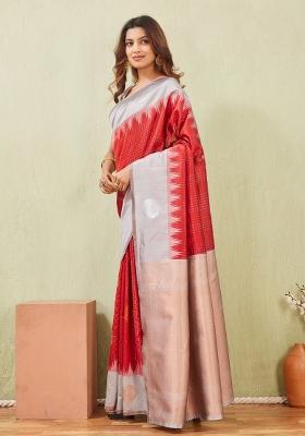 Grey And Red Printed Pashmina Saree Set