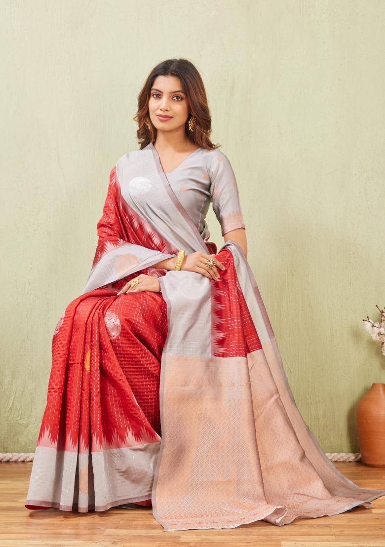 Grey And Red Printed Pashmina Saree Set - Indya
