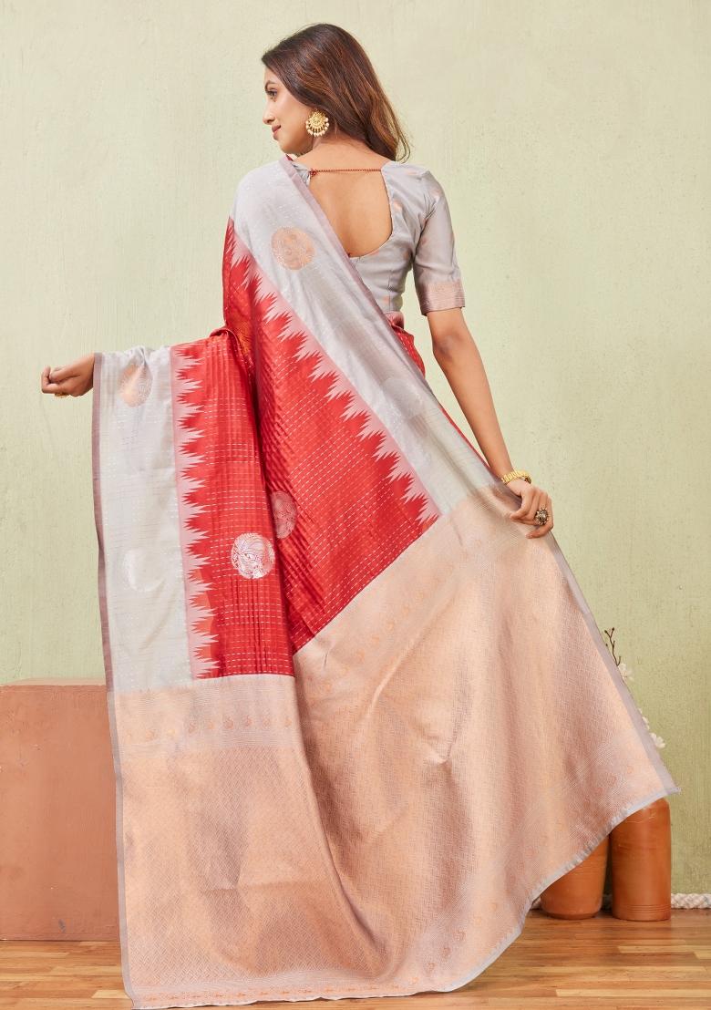 Grey And Red Printed Pashmina Saree Set - Indya