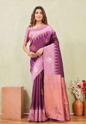 Purple And Wine Printed Pashmina Saree Set