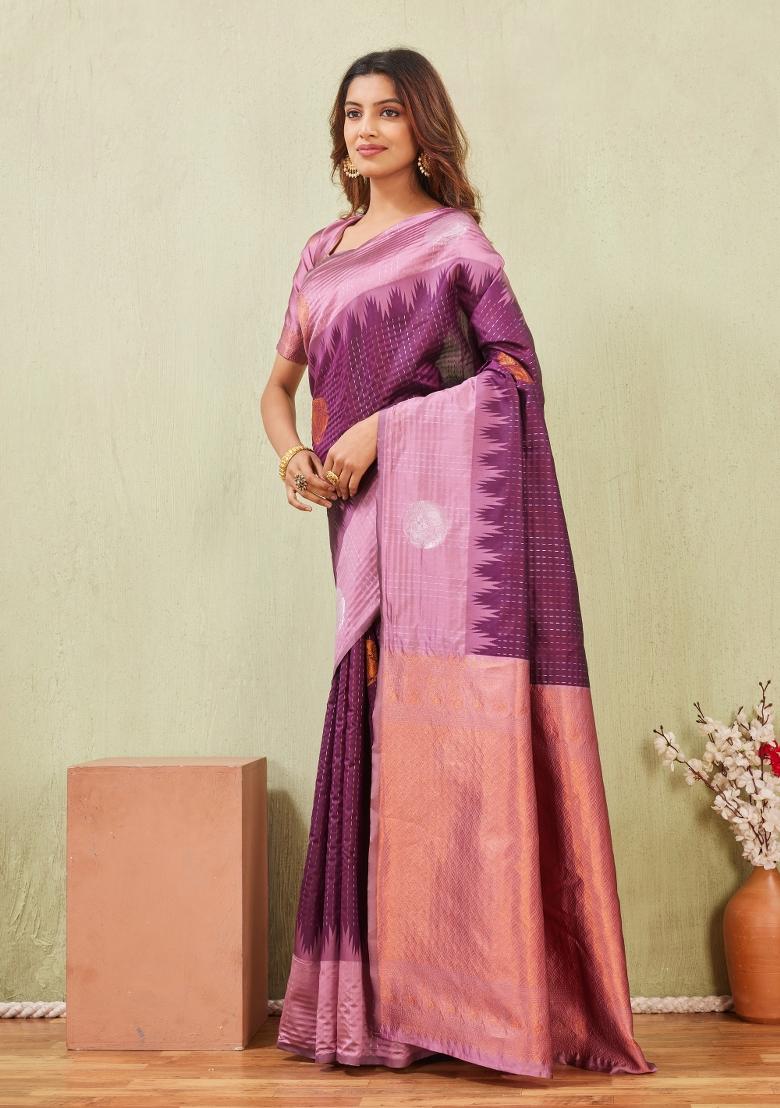Purple And Wine Printed Pashmina Saree Set - Indya
