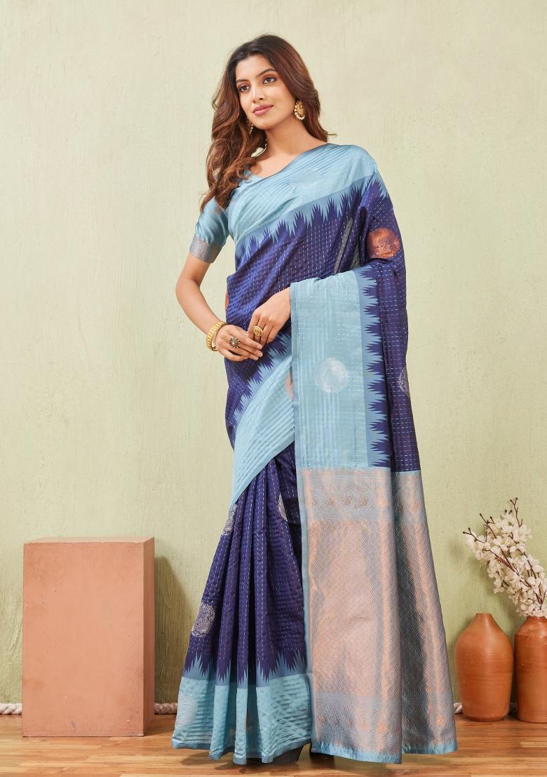 Rama Blue Printed Pashmina Saree Set - Indya