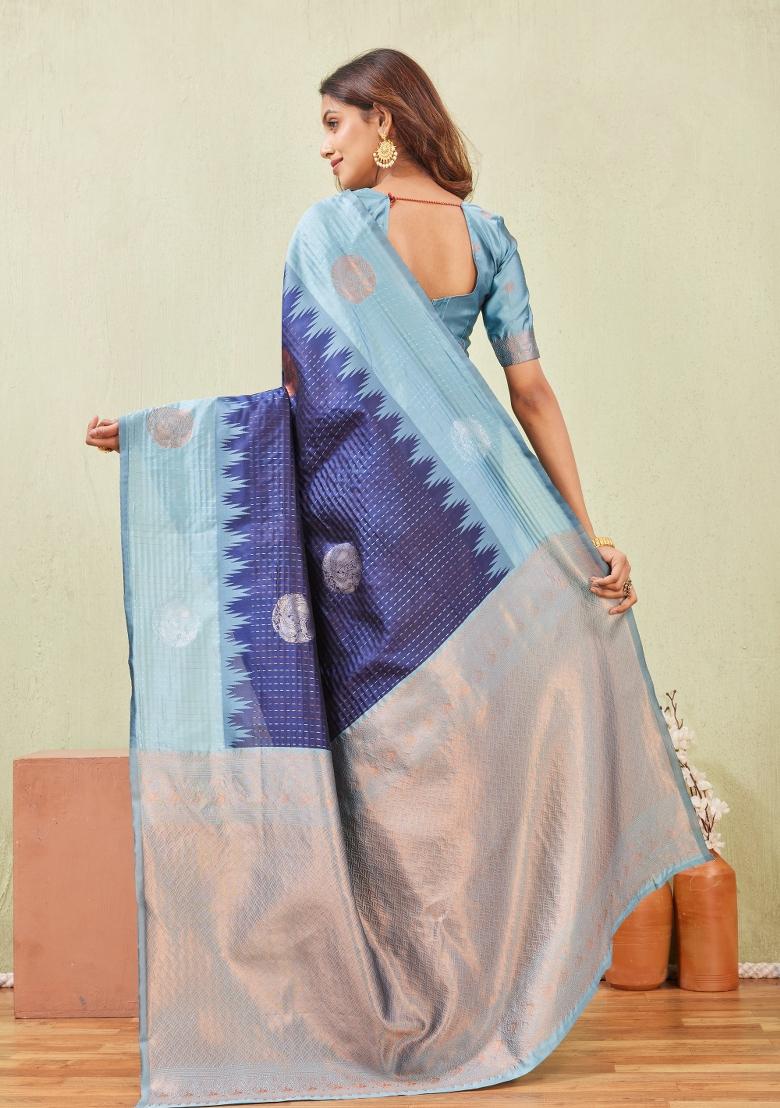 Rama Blue Printed Pashmina Saree Set - Indya
