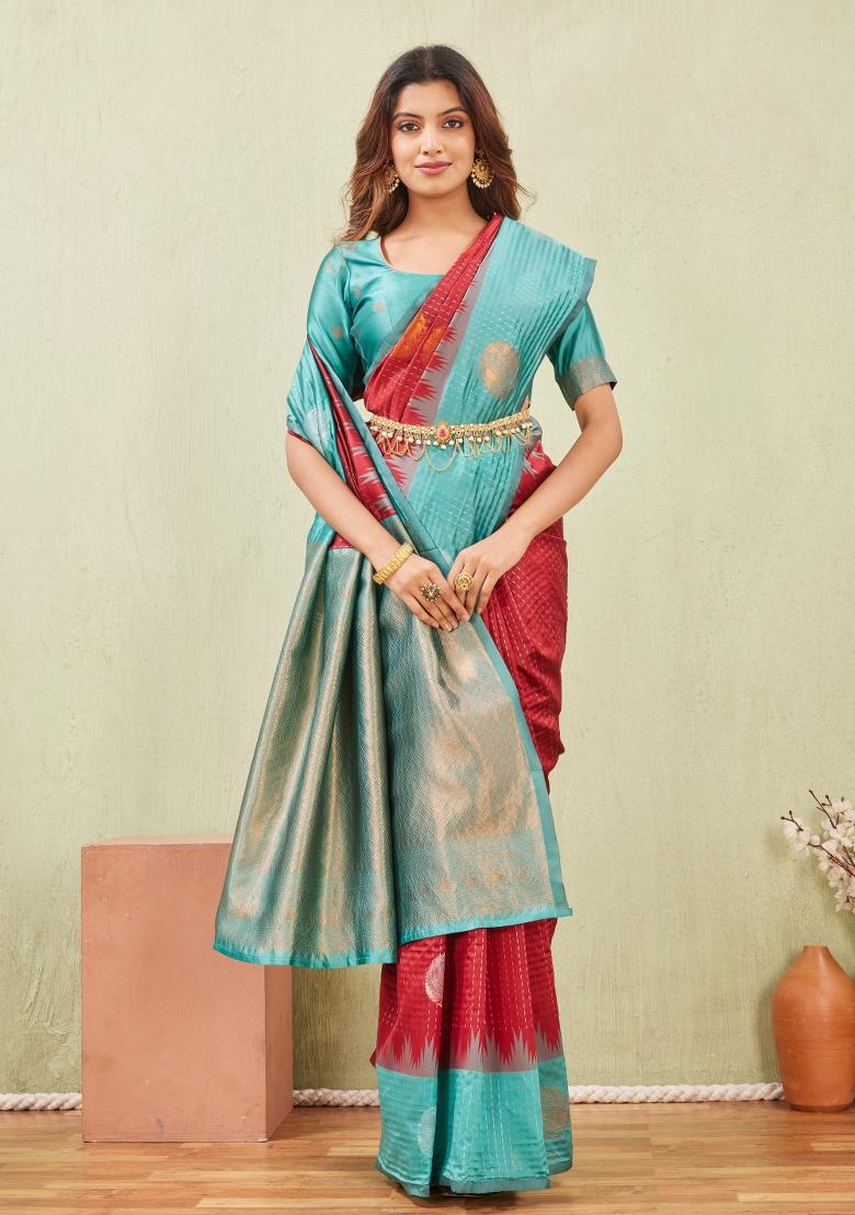 Rama And Red Printed Pashmina Saree Set - Indya