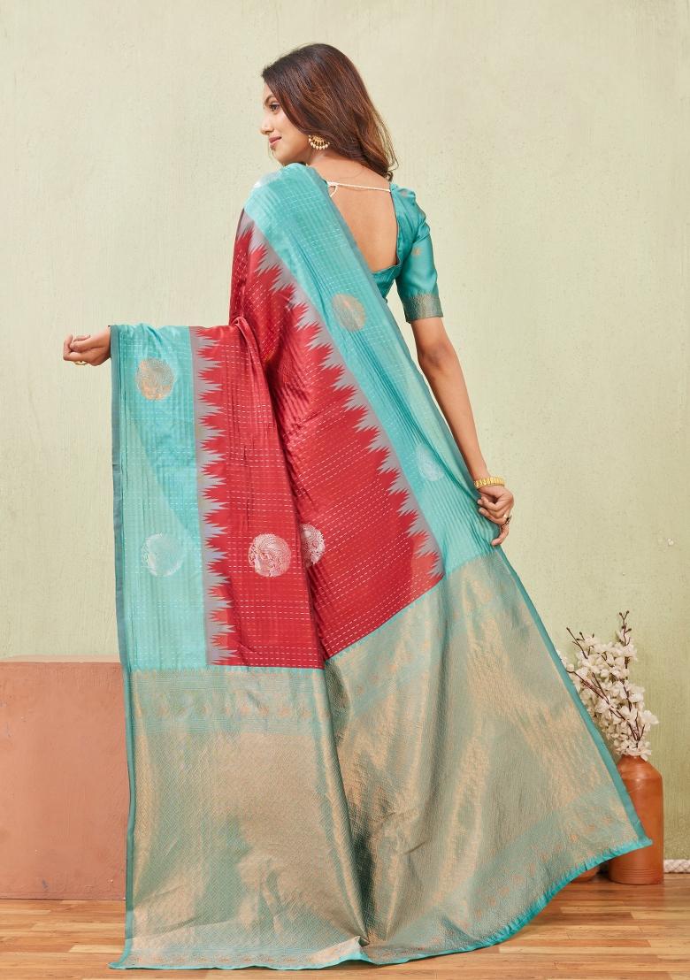 Rama And Red Printed Pashmina Saree Set - Indya