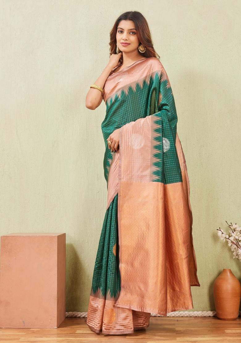 Rust Green Printed Pashmina Saree Set - Indya
