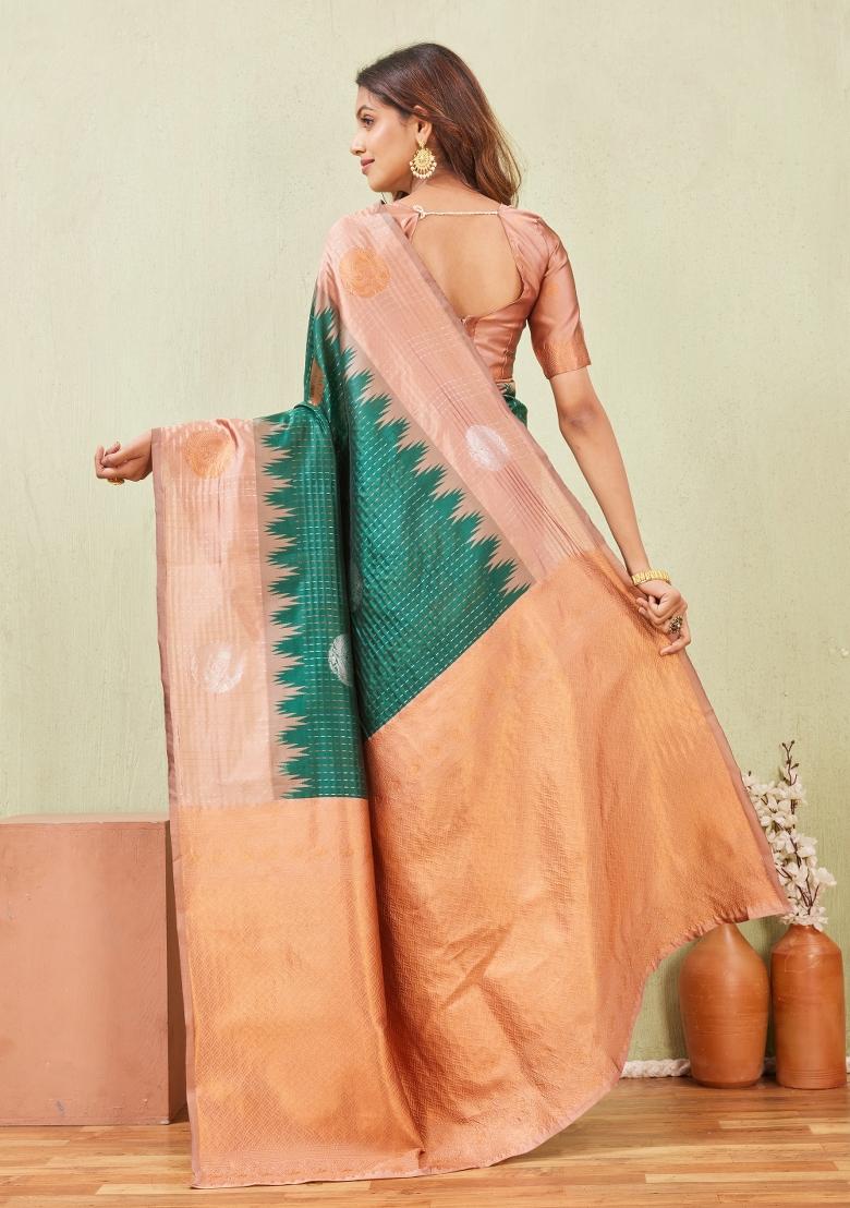 Rust Green Printed Pashmina Saree Set - Indya