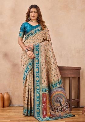 Turquoise Printed Pashmina Saree Set