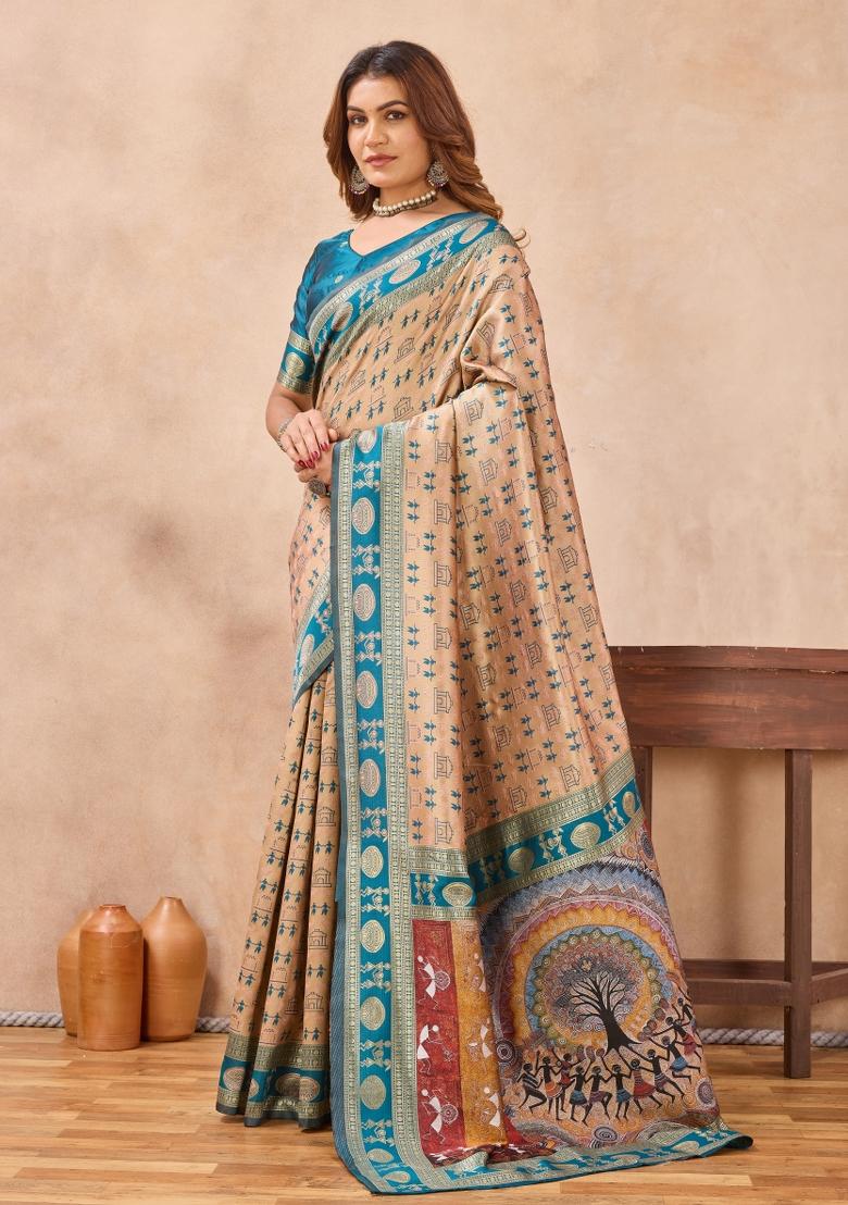 Turquoise Printed Pashmina Saree Set - Indya