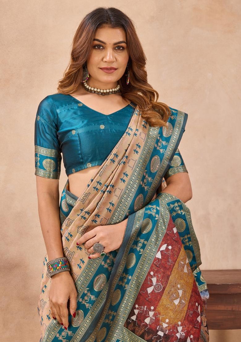 Turquoise Printed Pashmina Saree Set - Indya