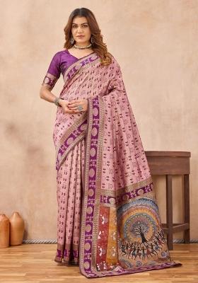Pink And Wine Printed Pashmina Saree Set