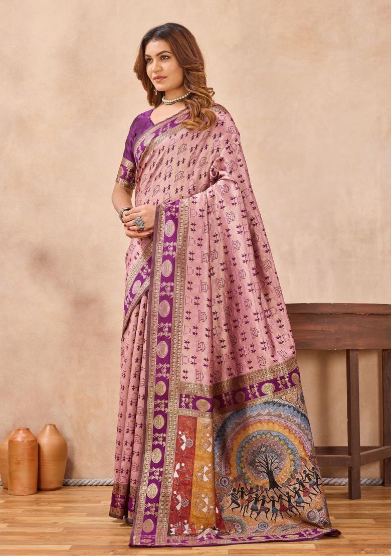 Pink And Wine Printed Pashmina Saree Set - Indya