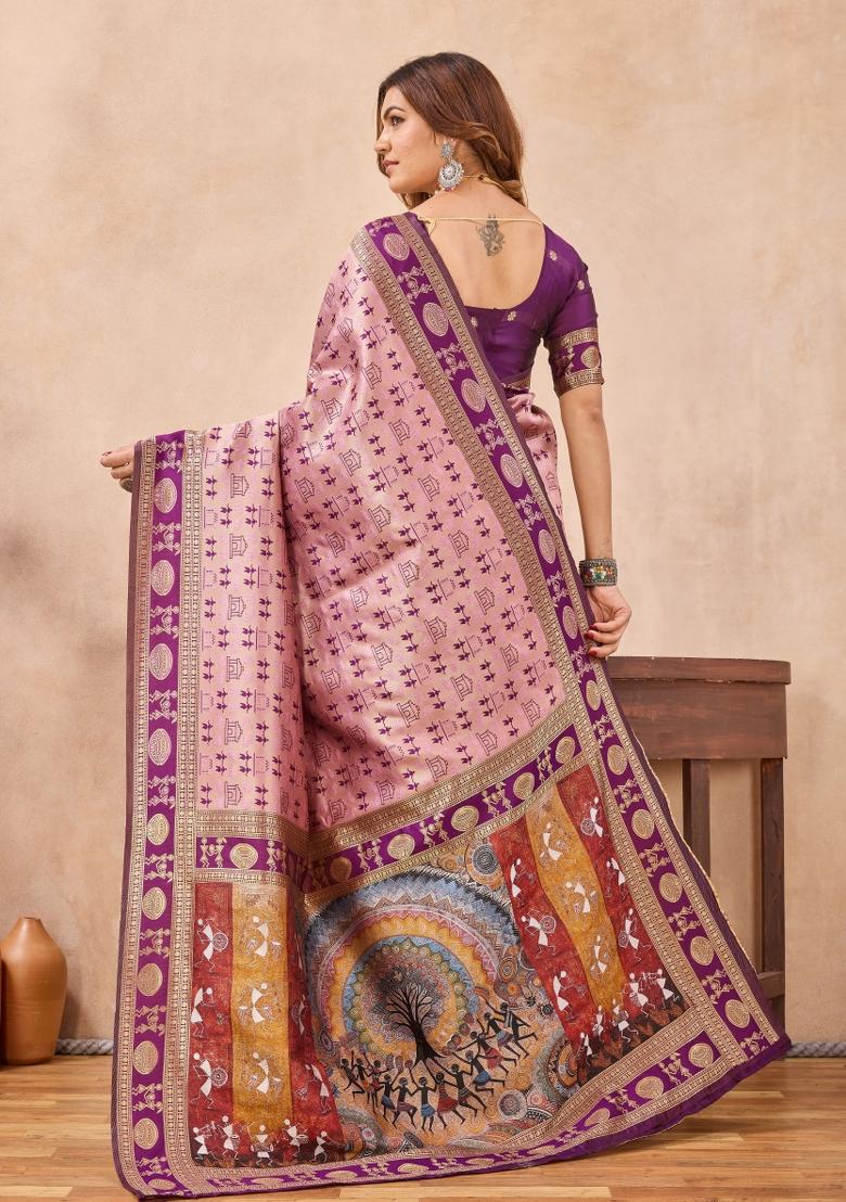 Pink And Wine Printed Pashmina Saree Set - Indya