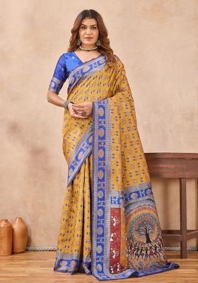 Mustard And Blue Printed Pashmina Saree Set