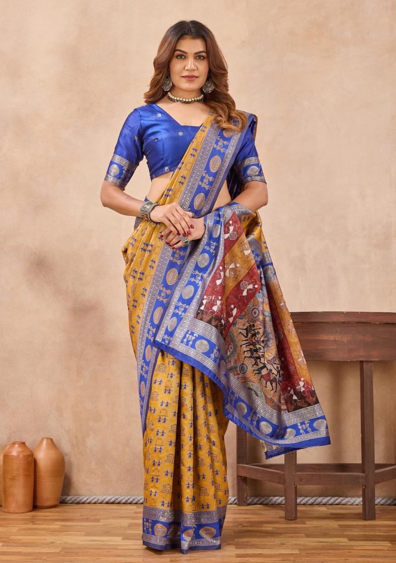 Mustard And Blue Printed Pashmina Saree Set - Indya