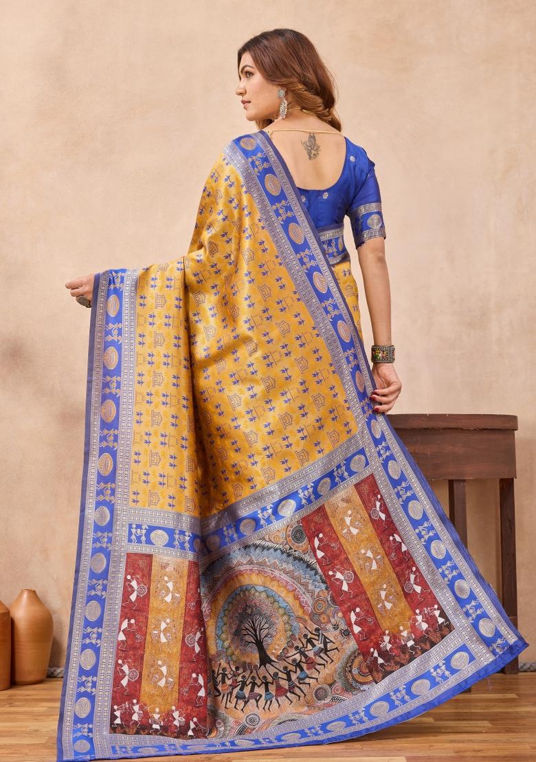 Mustard And Blue Printed Pashmina Saree Set - Indya