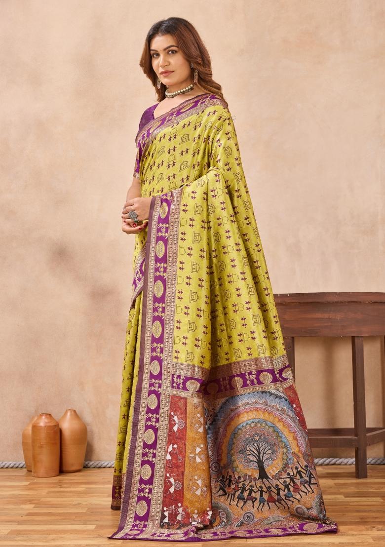 Neon Wine Printed Pashmina Saree Set - Indya
