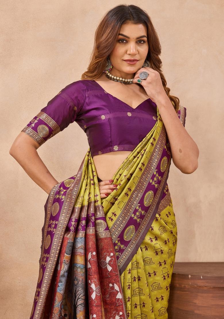 Neon Wine Printed Pashmina Saree Set - Indya