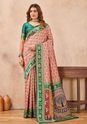 Peach And Green Printed Pashmina Saree Set