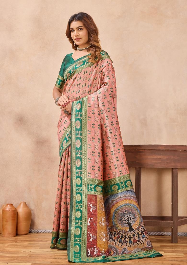 Peach And Green Printed Pashmina Saree Set - Indya