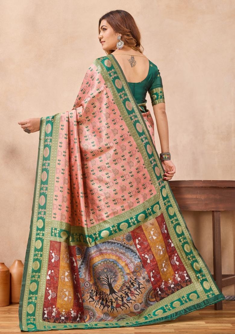 Peach And Green Printed Pashmina Saree Set - Indya