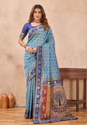 Turquoise Blue Printed Pashmina Saree Set