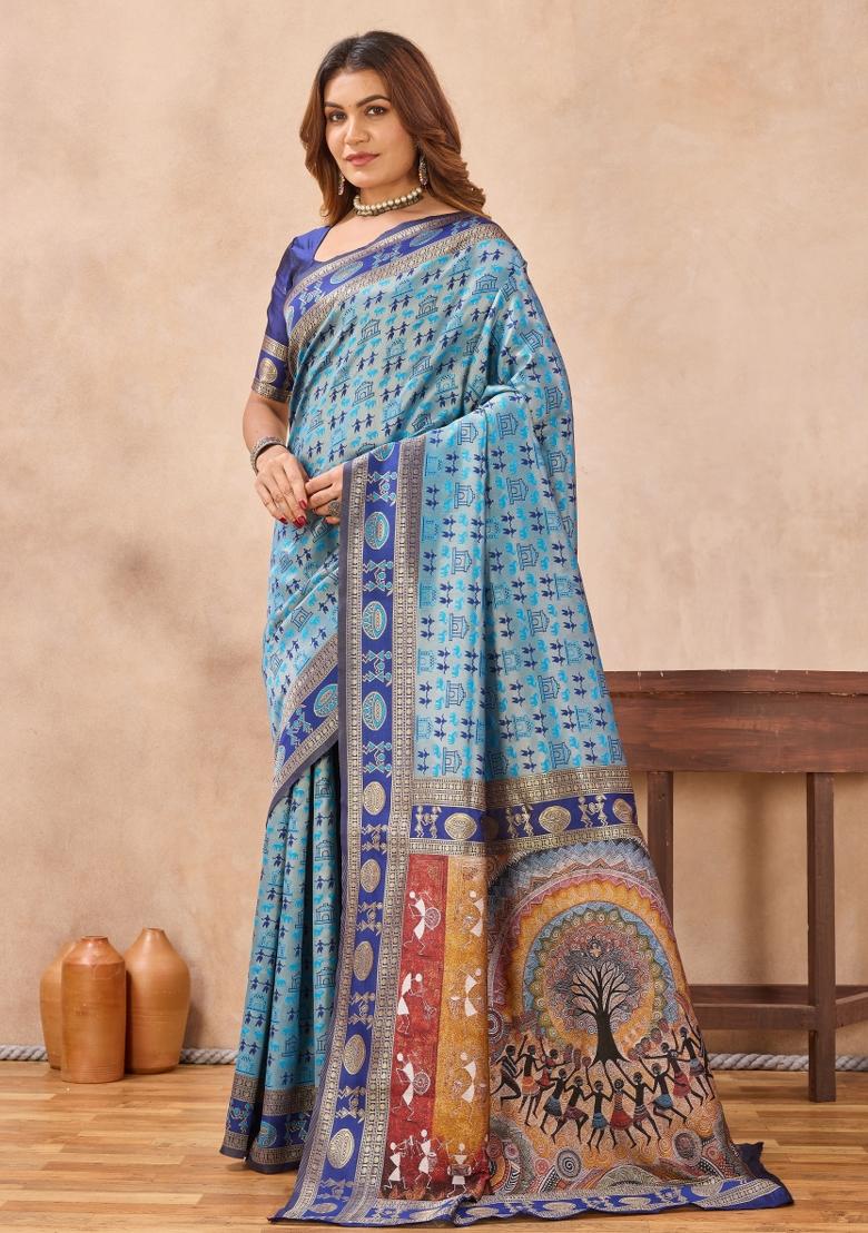 Turquoise Blue Printed Pashmina Saree Set - Indya