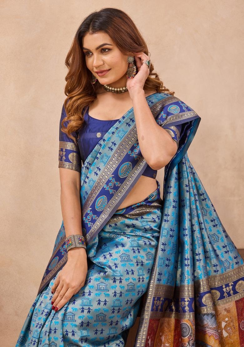 Turquoise Blue Printed Pashmina Saree Set - Indya