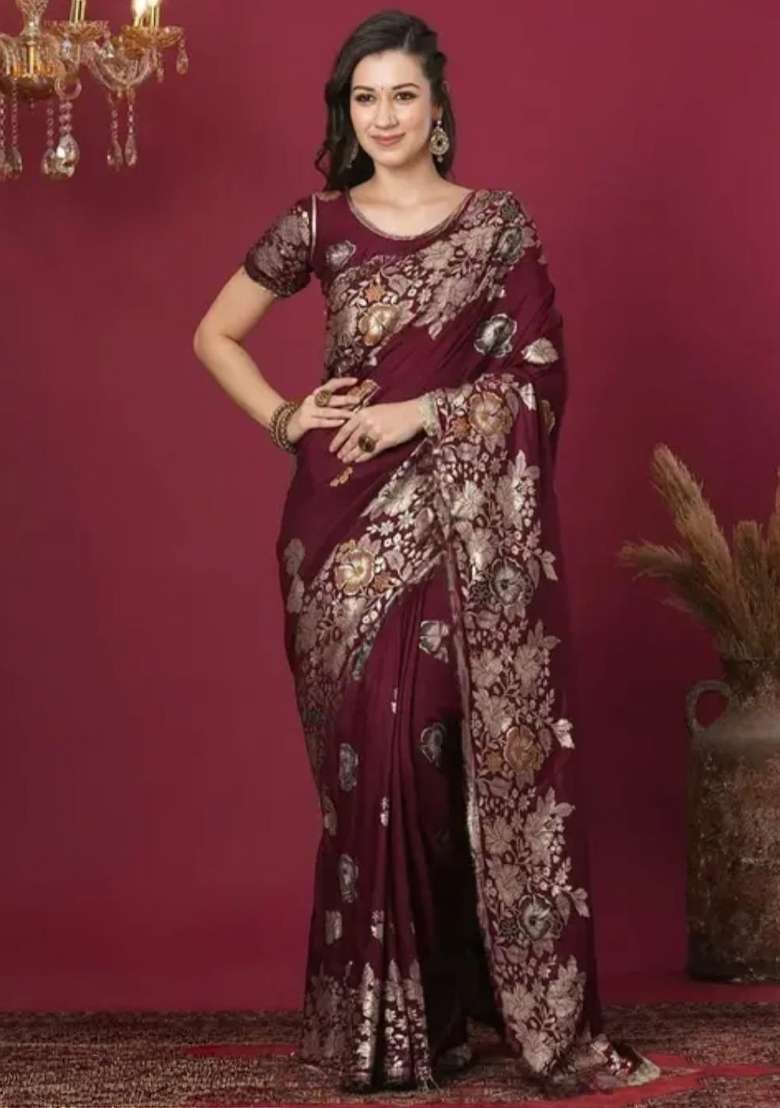Maroon Zari Weaving Banarasi Saree Set for Diwali | Wedding & Festive Wear - Indya