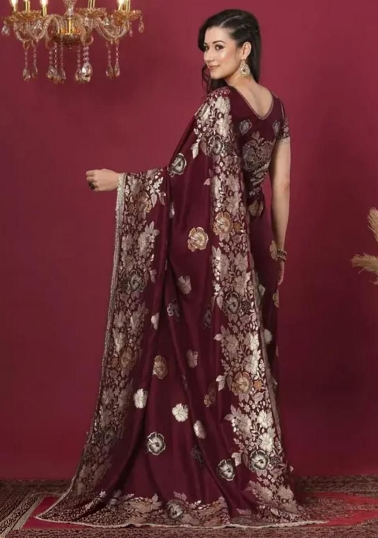 Maroon Zari Weaving Banarasi Saree Set - Indya
