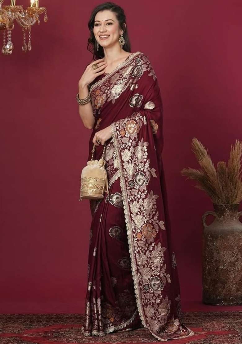 Maroon Zari Weaving Banarasi Saree Set for Diwali | Wedding & Festive Wear - Indya