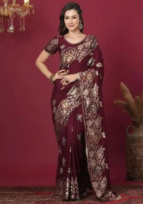 Maroon Zari Weaving Banarasi Saree Set