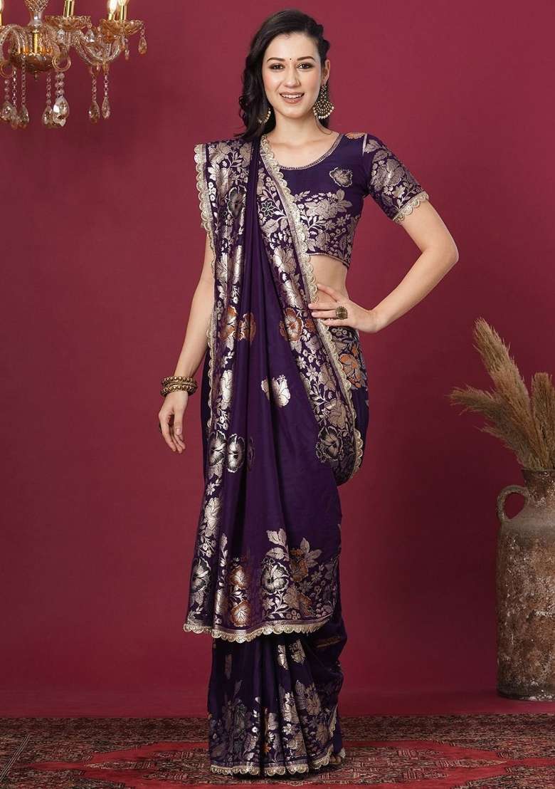 Purple Zari Weaving Banarasi Saree Set for Diwali | Wedding & Festive Wear - Indya