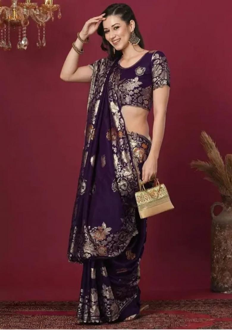 Purple Zari Weaving Banarasi Saree Set - Indya