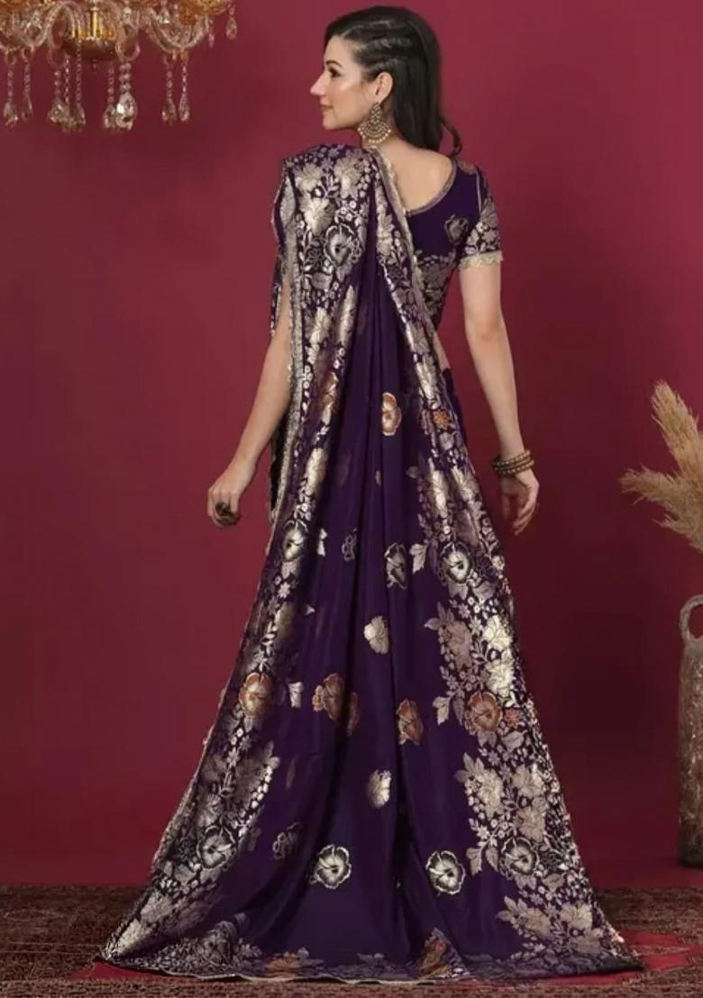 Purple Zari Weaving Banarasi Saree Set - Indya