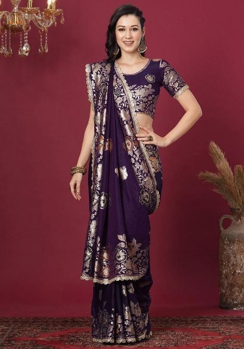 Purple Zari Weaving Banarasi Saree Set