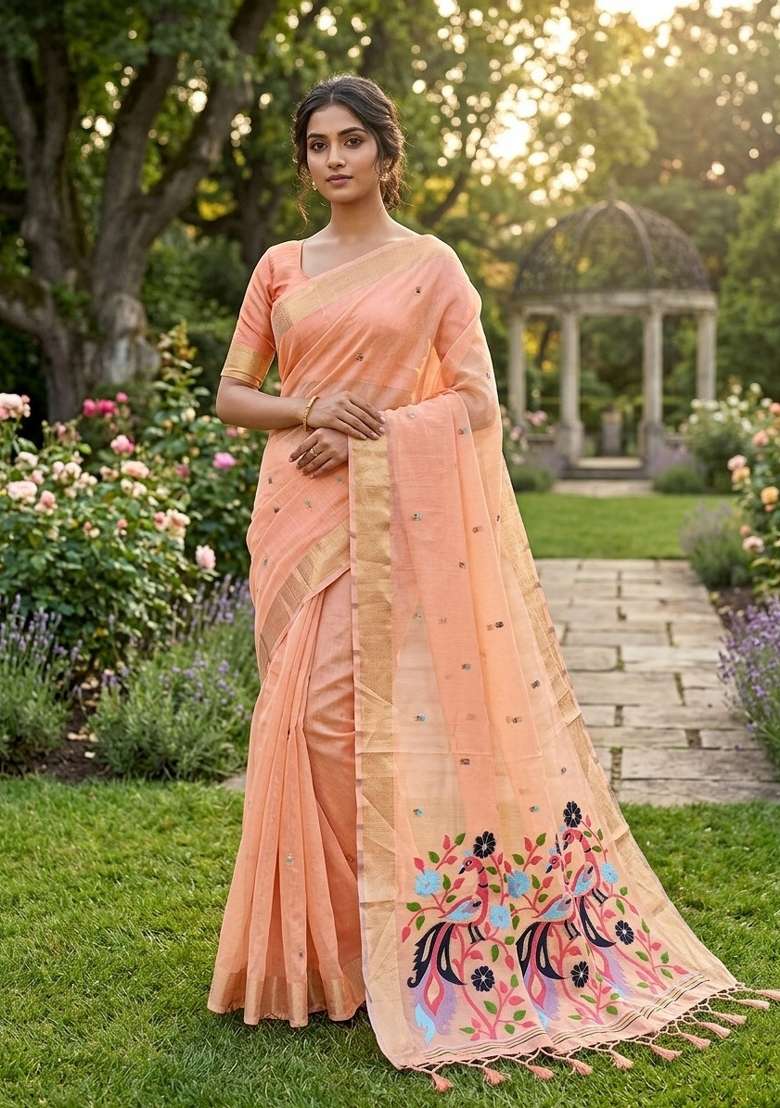 Peach Zari Weaving Linen Saree Set for Diwali and Festive Wear - Indya