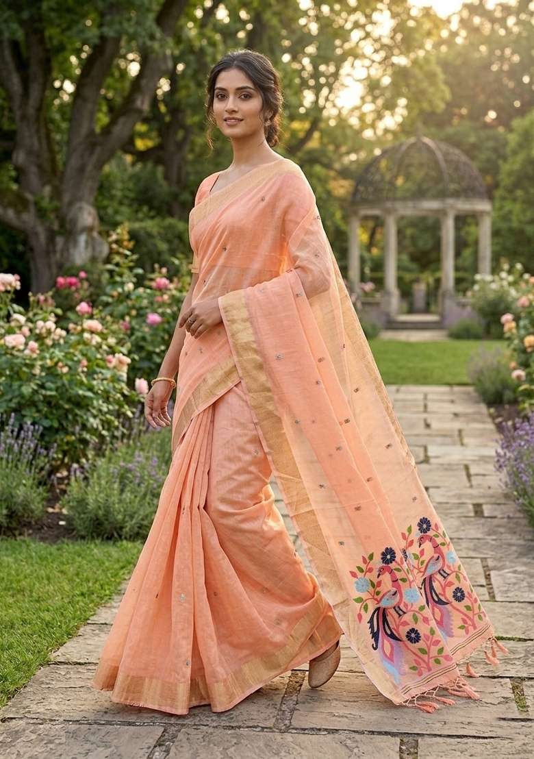 Peach Zari Weaving Linen Saree Set for Diwali and Festive Wear - Indya
