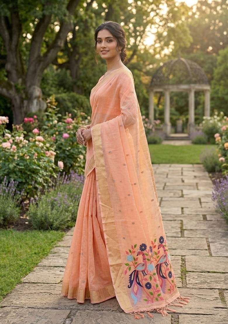 Peach Zari Weaving Linen Saree Set for Diwali and Festive Wear - Indya
