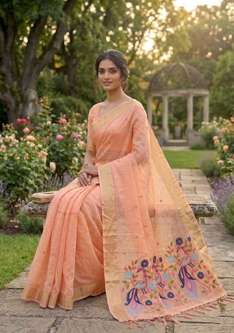 Peach Zari Weaving Linen Saree Set for Diwali and Festive Wear - Indya