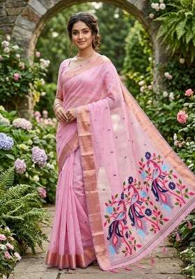 Pink Zari Weaving Linen Saree Set