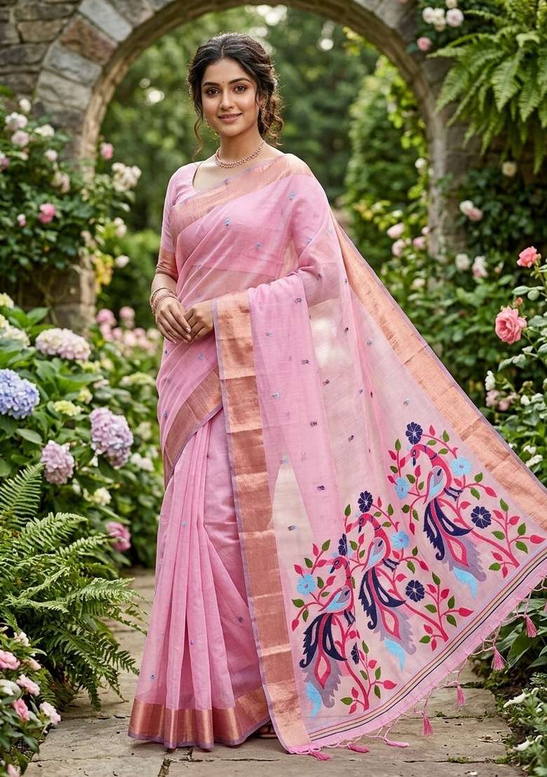 Pink Zari Weaving Linen Saree Set for Diwali and Festive Wear - Indya