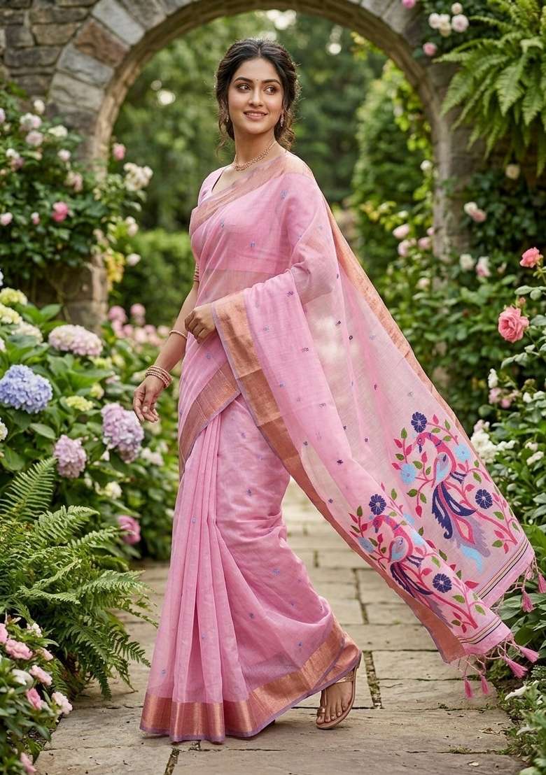 Pink Zari Weaving Linen Saree Set for Diwali and Festive Wear - Indya