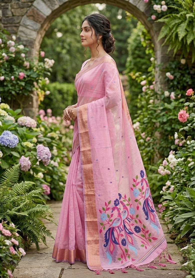 Pink Zari Weaving Linen Saree Set for Diwali and Festive Wear - Indya