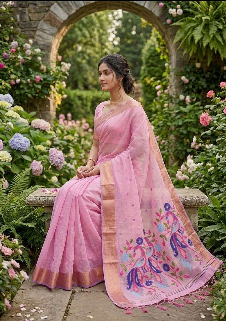 Pink Zari Weaving Linen Saree Set for Diwali and Festive Wear - Indya